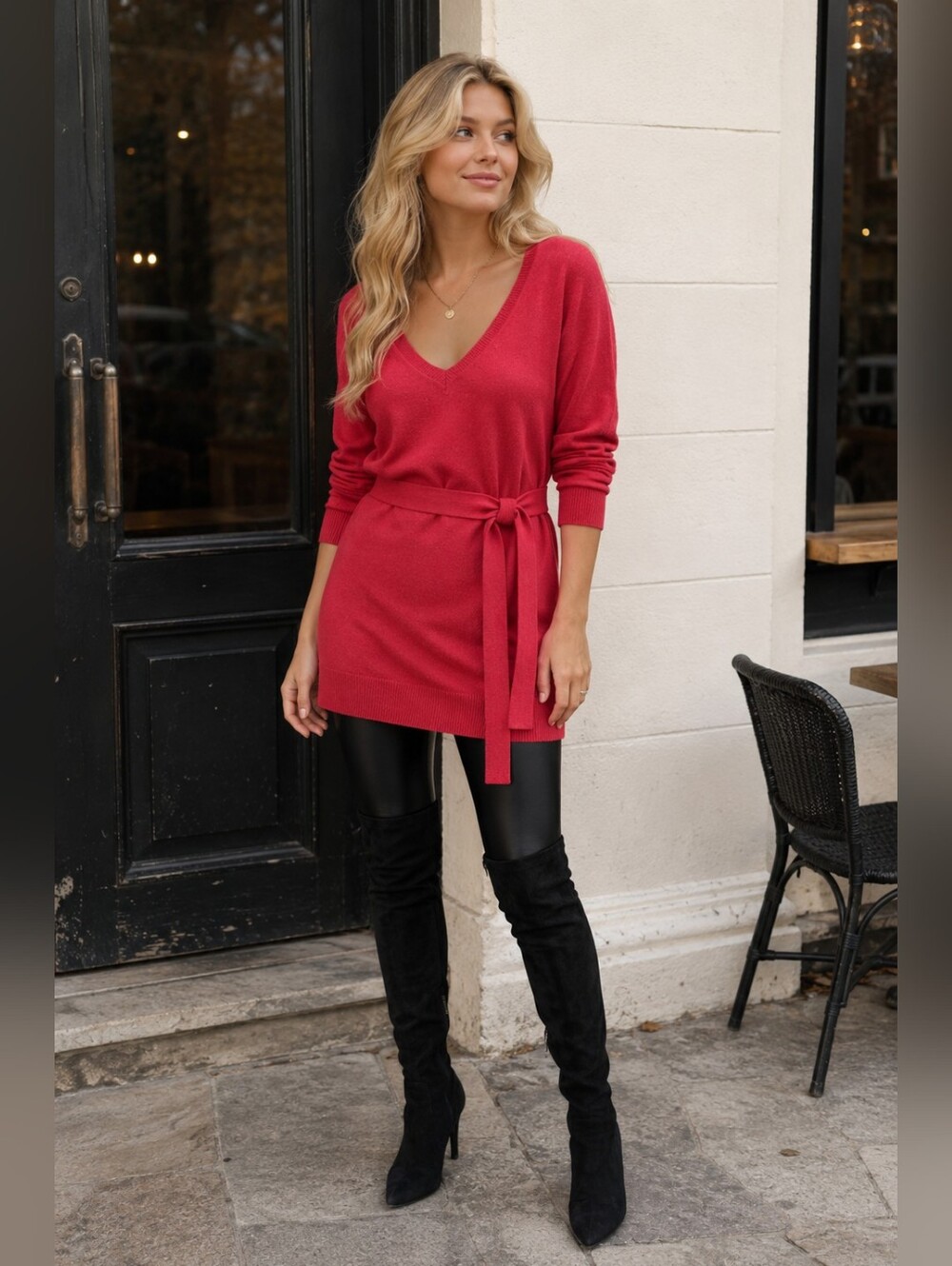 Forever 21 Coral Knit V-Neck  Belted Sweater Tunic Size S
